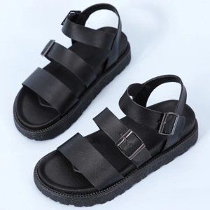 Black Chunky Strap Sandal - Buckle Detail